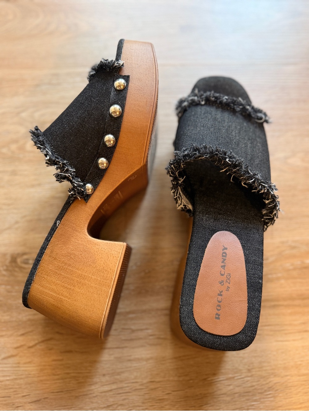 Rock & Candy Black Frayed Denim Y2K Platform Slides 90s Fashion